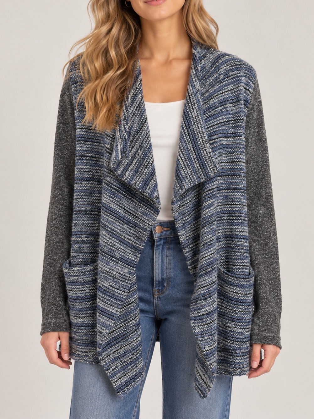 Lucky Brand Open Concept Cardigan Sweater Waterfall Blue White Mixed Knit Medium